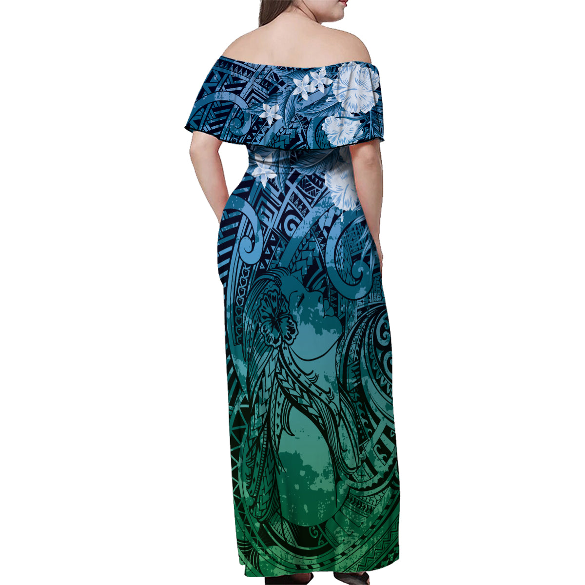 Pacific Beauty Girl Family Matching Off Shoulder Maxi Dress and Hawaiian Shirt Blue Polyneisan Tribal Vintage Motif LT9 - Polynesian Pride