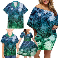 Pacific Beauty Girl Family Matching Off Shoulder Short Dress and Hawaiian Shirt Blue Polyneisan Tribal Vintage Motif LT9 - Polynesian Pride