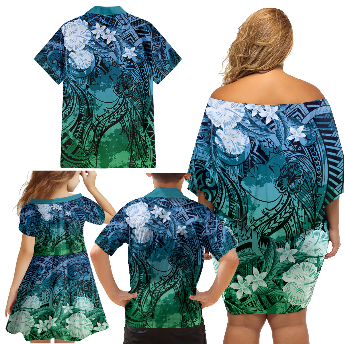 Pacific Beauty Girl Family Matching Off Shoulder Short Dress and Hawaiian Shirt Blue Polyneisan Tribal Vintage Motif LT9 - Polynesian Pride