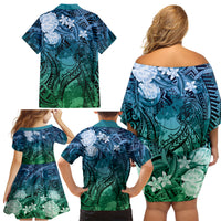 Pacific Beauty Girl Family Matching Off Shoulder Short Dress and Hawaiian Shirt Blue Polyneisan Tribal Vintage Motif LT9 - Polynesian Pride