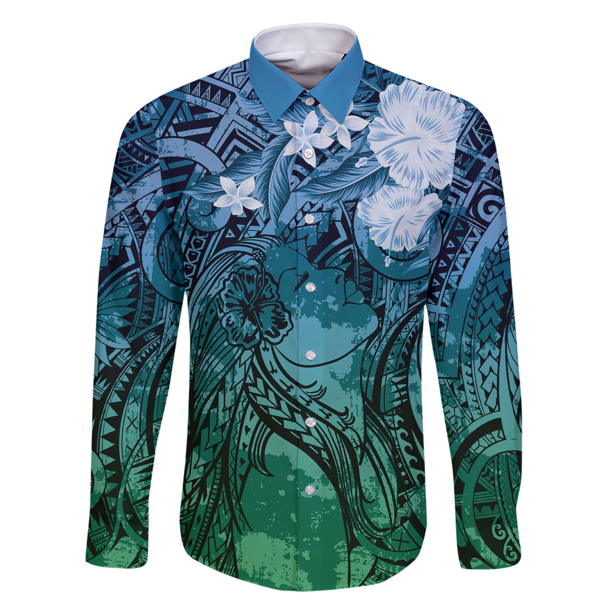 Pacific Beauty Girl Family Matching Off Shoulder Short Dress and Hawaiian Shirt Blue Polyneisan Tribal Vintage Motif LT9 Dad's Shirt - Long Sleeve Blue - Polynesian Pride