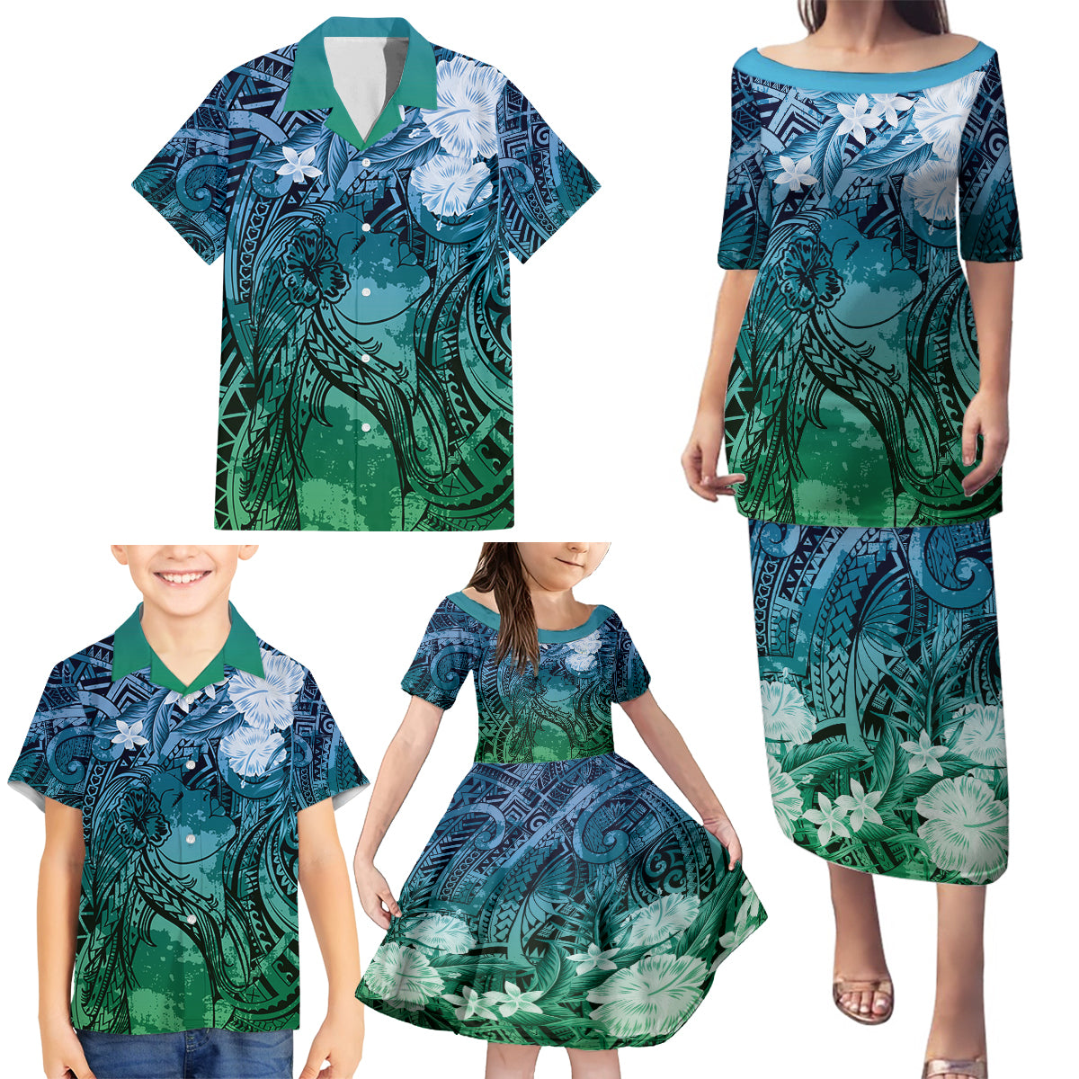 Pacific Beauty Girl Family Matching Puletasi and Hawaiian Shirt Blue Polyneisan Tribal Vintage Motif LT9 - Polynesian Pride