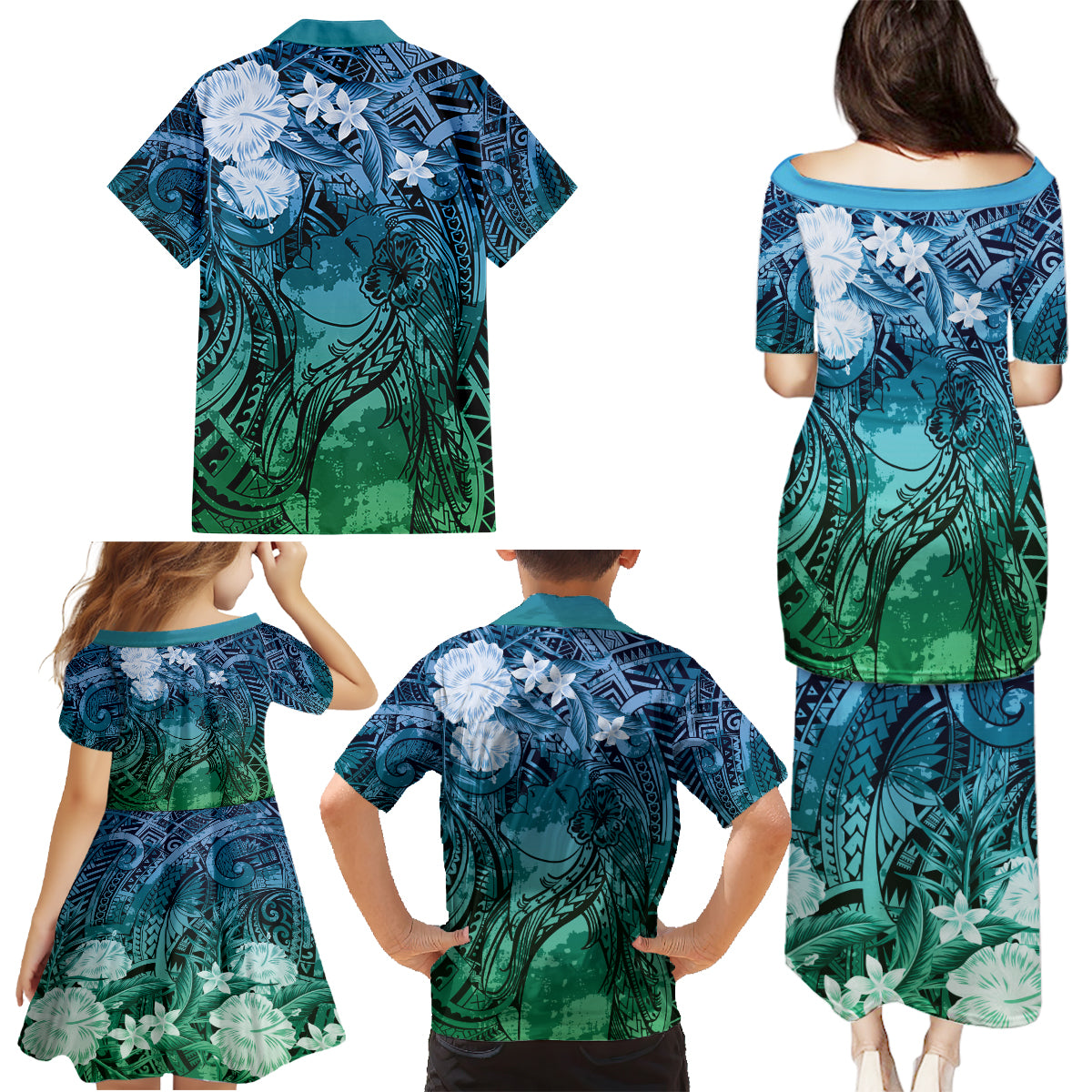 Pacific Beauty Girl Family Matching Puletasi and Hawaiian Shirt Blue Polyneisan Tribal Vintage Motif LT9 - Polynesian Pride