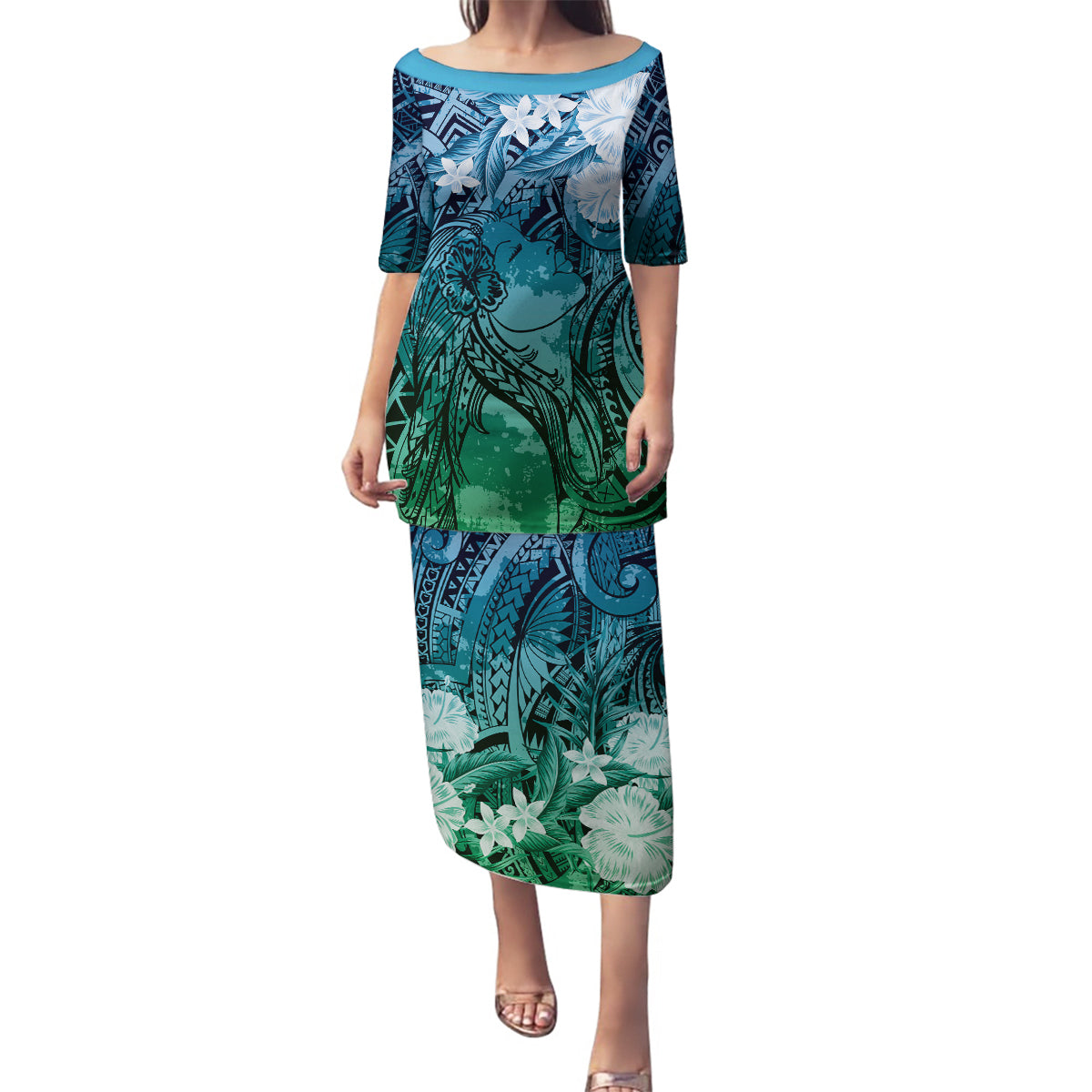 Pacific Beauty Girl Family Matching Puletasi and Hawaiian Shirt Blue Polyneisan Tribal Vintage Motif LT9 Mom's Dress Blue - Polynesian Pride