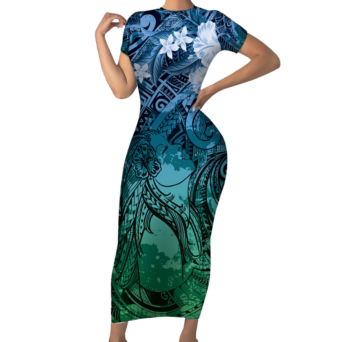 Pacific Beauty Girl Family Matching Short Sleeve Bodycon Dress and Hawaiian Shirt Blue Polyneisan Tribal Vintage Motif LT9 Mom's Dress Blue - Polynesian Pride