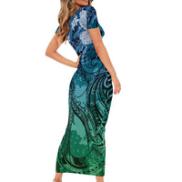 Pacific Beauty Girl Family Matching Short Sleeve Bodycon Dress and Hawaiian Shirt Blue Polyneisan Tribal Vintage Motif LT9 - Polynesian Pride