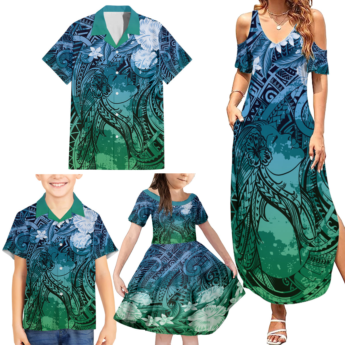 Pacific Beauty Girl Family Matching Summer Maxi Dress and Hawaiian Shirt Blue Polyneisan Tribal Vintage Motif LT9 - Polynesian Pride