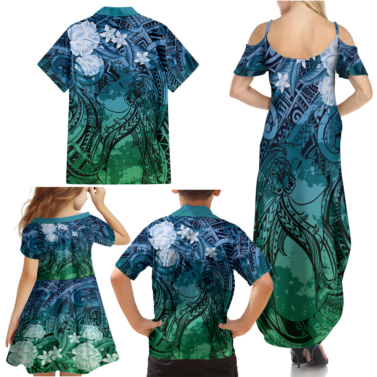 Pacific Beauty Girl Family Matching Summer Maxi Dress and Hawaiian Shirt Blue Polyneisan Tribal Vintage Motif LT9 - Polynesian Pride
