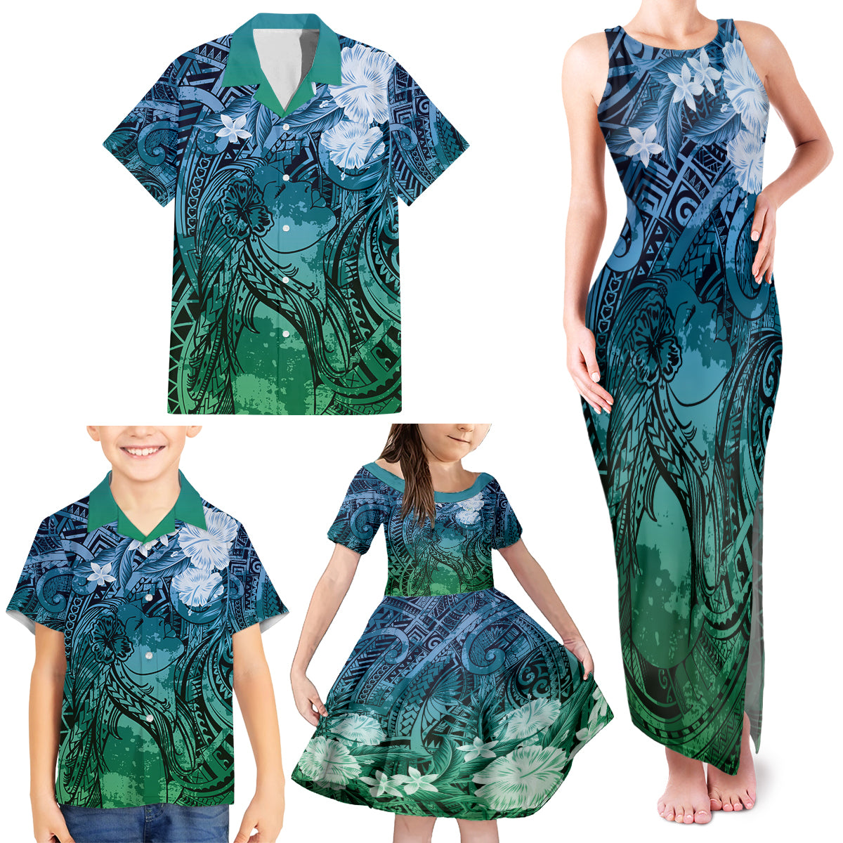 Pacific Beauty Girl Family Matching Tank Maxi Dress and Hawaiian Shirt Blue Polyneisan Tribal Vintage Motif LT9 - Polynesian Pride