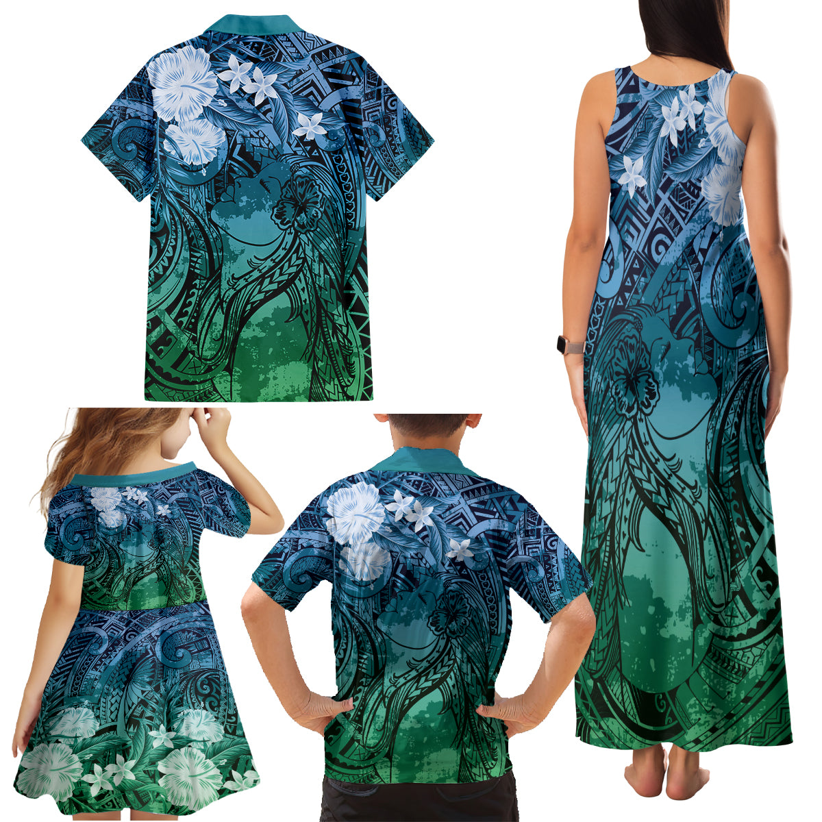 Pacific Beauty Girl Family Matching Tank Maxi Dress and Hawaiian Shirt Blue Polyneisan Tribal Vintage Motif LT9 - Polynesian Pride