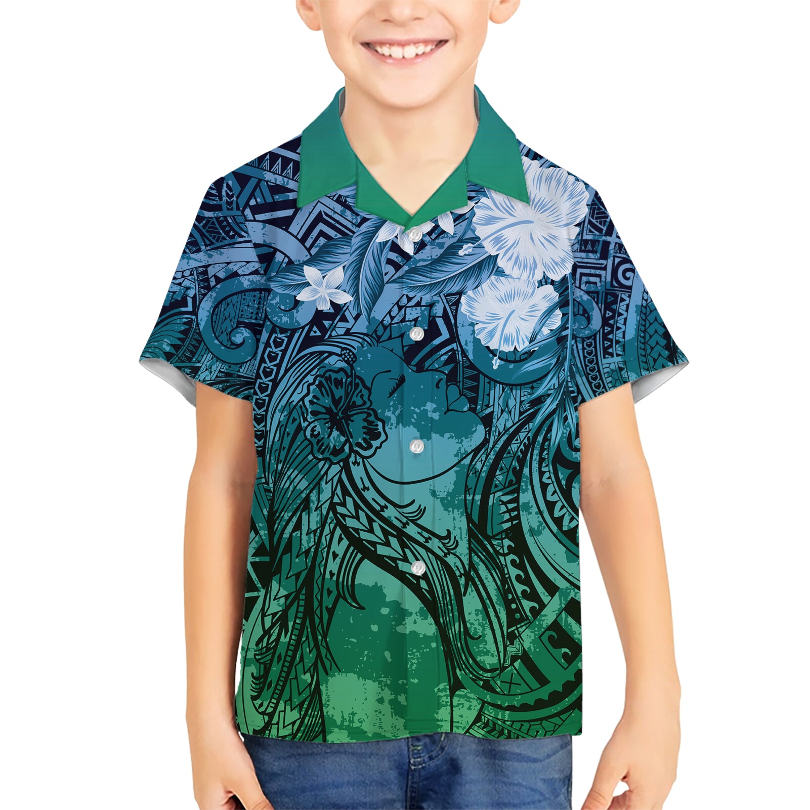 Pacific Beauty Girl Kid Hawaiian Shirt Blue Polyneisan Tribal Vintage Motif