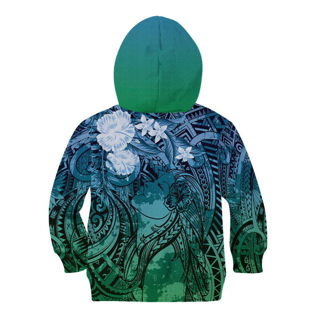 Pacific Beauty Girl Kid Hoodie Blue Polyneisan Tribal Vintage Motif