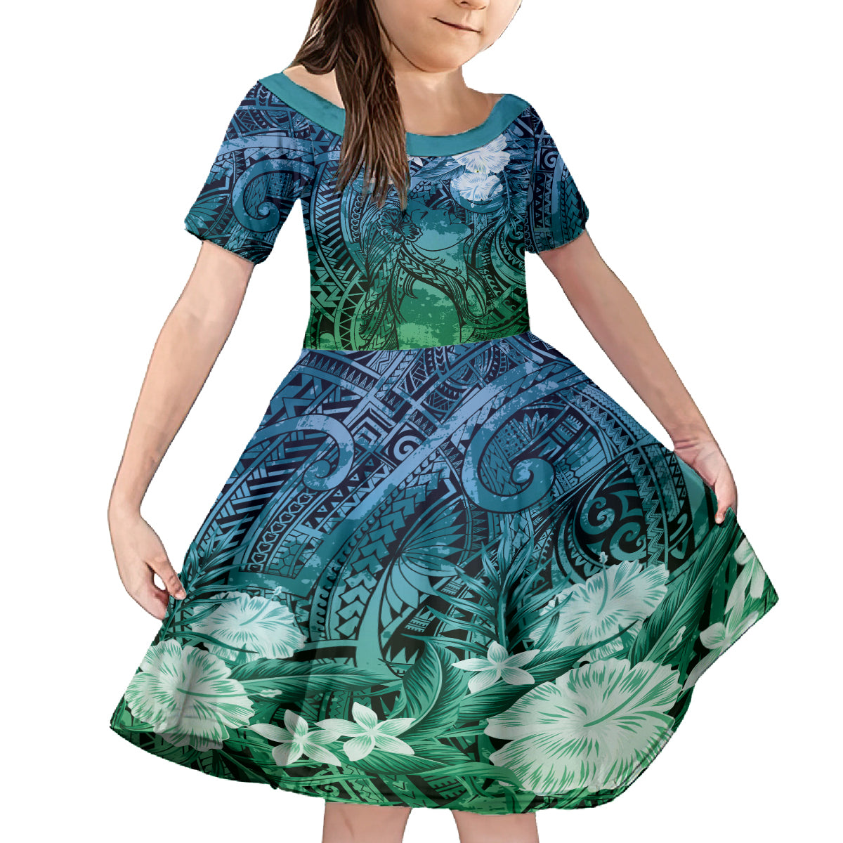 Pacific Beauty Girl Kid Short Sleeve Dress Blue Polyneisan Tribal Vintage Motif