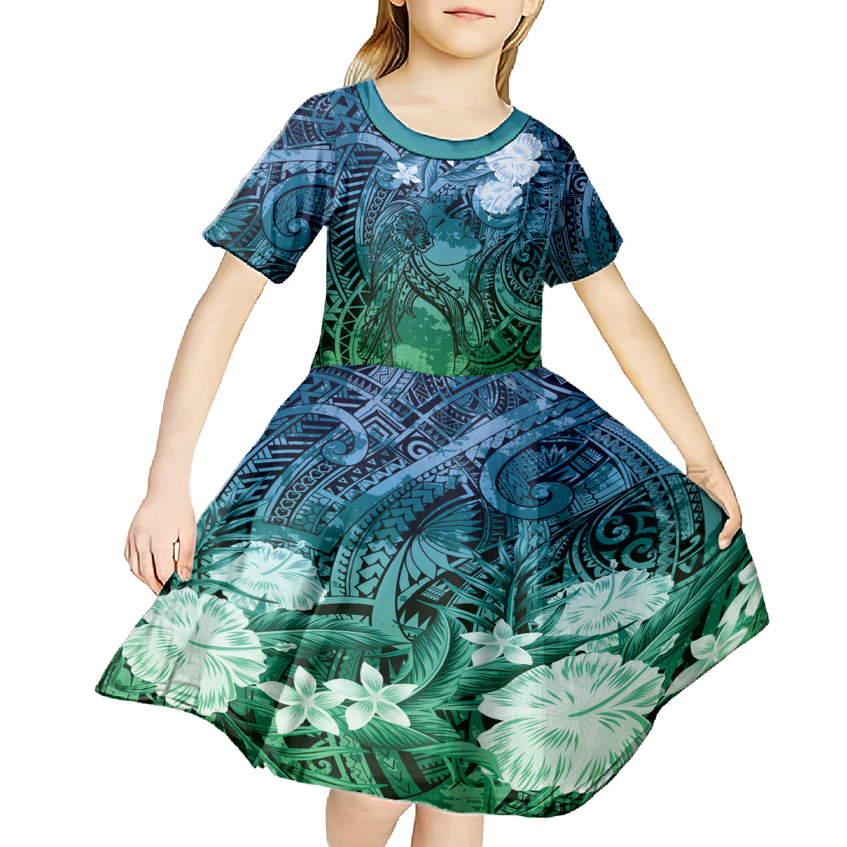 Pacific Beauty Girl Kid Short Sleeve Dress Blue Polyneisan Tribal Vintage Motif