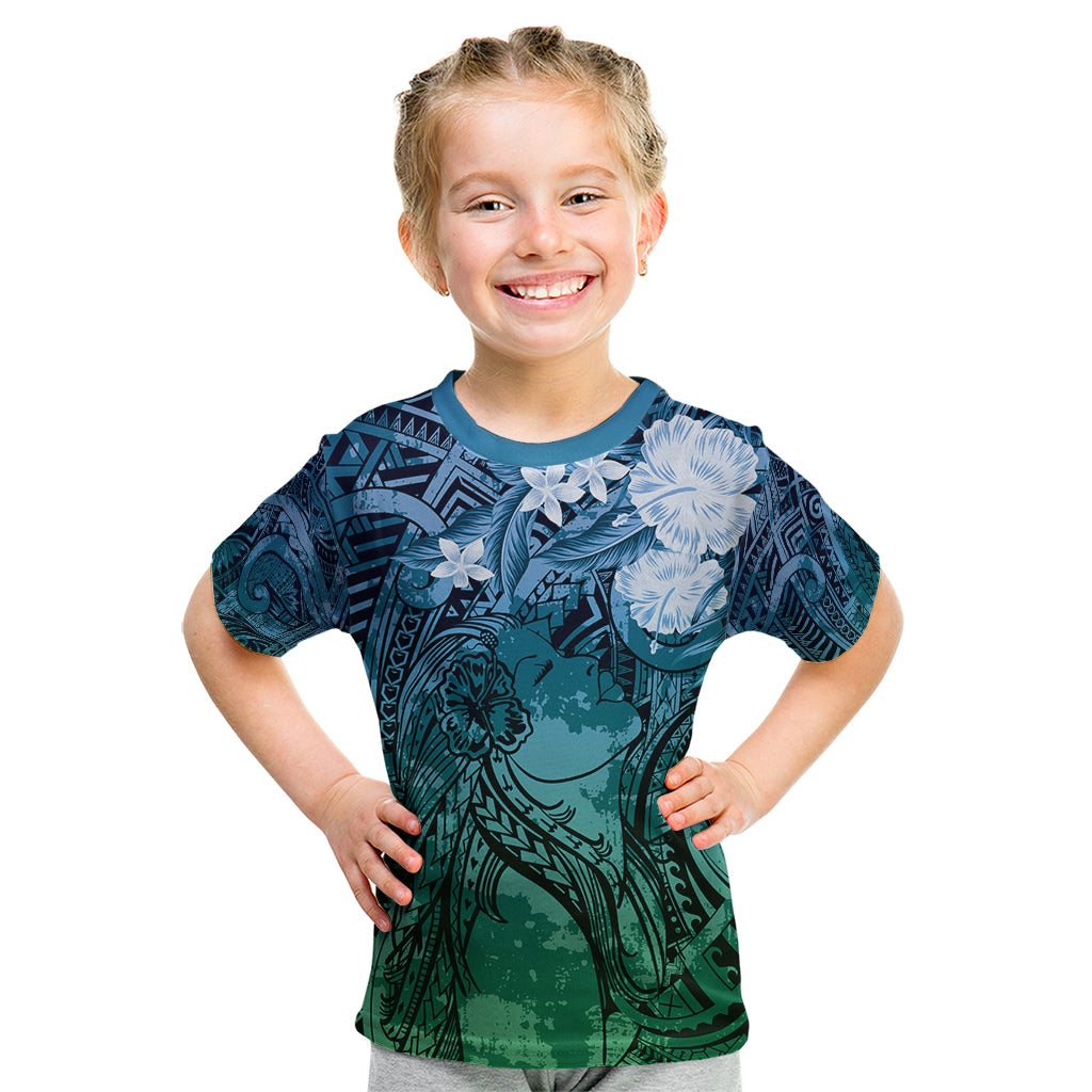 Pacific Beauty Girl Kid T Shirt Blue Polyneisan Tribal Vintage Motif