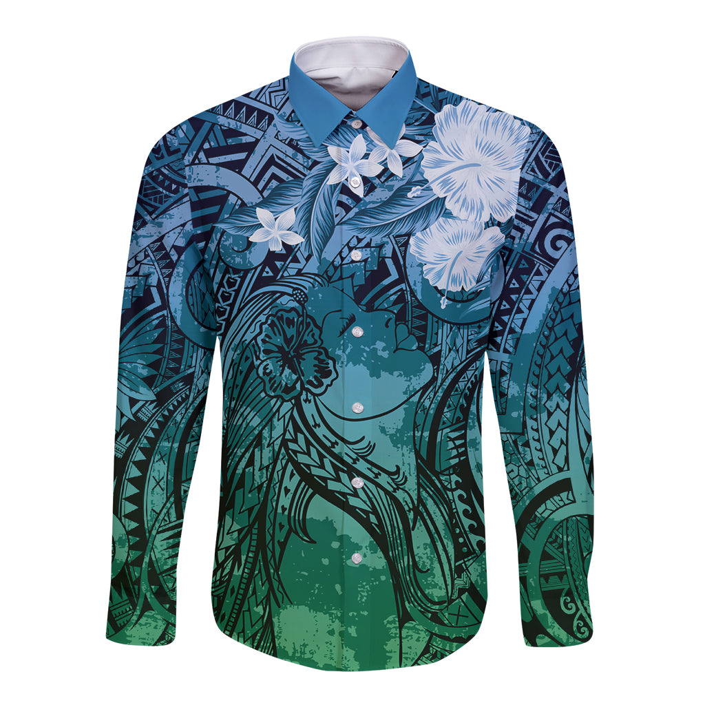 Pacific Beauty Girl Long Sleeve Button Shirt Blue Polyneisan Tribal Vintage Motif