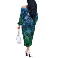 Pacific Beauty Girl Off The Shoulder Long Sleeve Dress Blue Polyneisan Tribal Vintage Motif