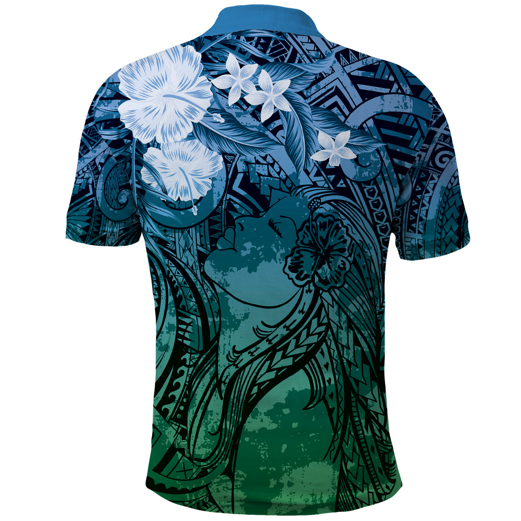 Pacific Beauty Girl Polo Shirt Blue Polyneisan Tribal Vintage Motif