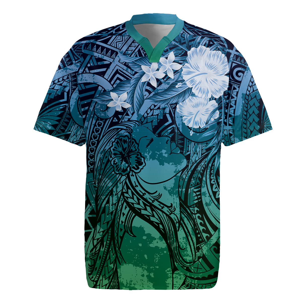 Pacific Beauty Girl Rugby Jersey Blue Polyneisan Tribal Vintage Motif LT9 Blue - Polynesian Pride