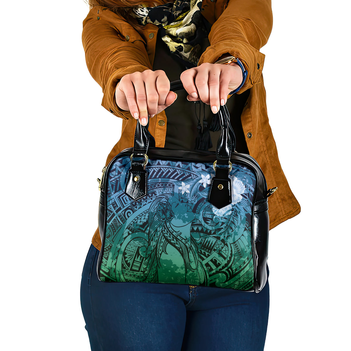 Pacific Beauty Girl Shoulder Handbag Blue Polyneisan Tribal Vintage Motif LT9 One Size Blue - Polynesian Pride