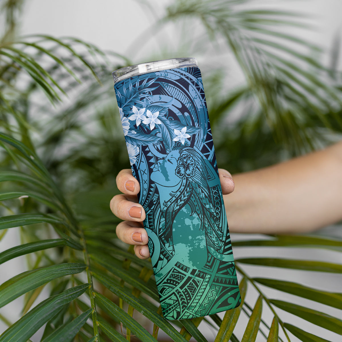 Pacific Beauty Girl Skinny Tumbler Blue Polyneisan Tribal Vintage Motif LT9 - Polynesian Pride