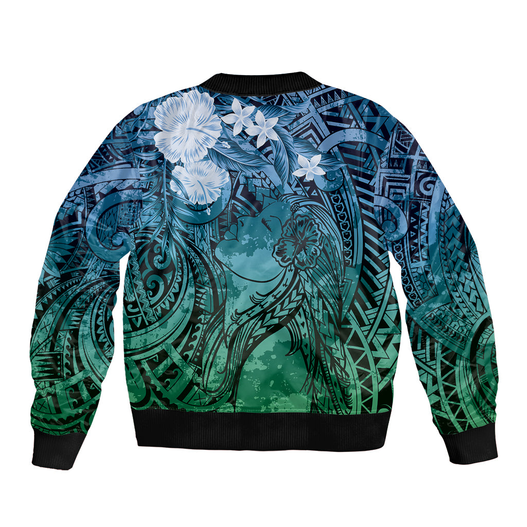 Pacific Beauty Girl Sleeve Zip Bomber Jacket Blue Polyneisan Tribal Vintage Motif