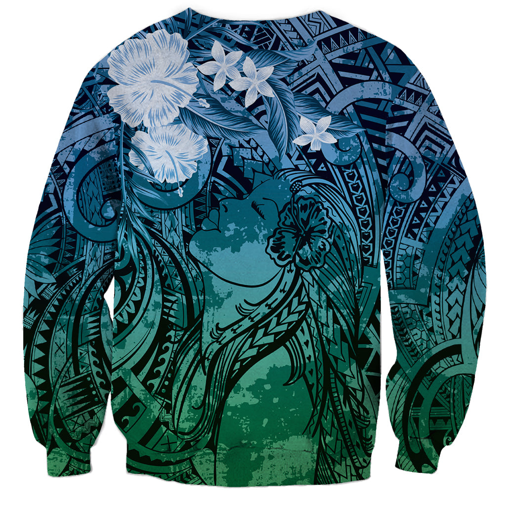 Pacific Beauty Girl Sweatshirt Blue Polyneisan Tribal Vintage Motif