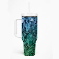 Pacific Beauty Girl Tumbler With Handle Blue Polyneisan Tribal Vintage Motif