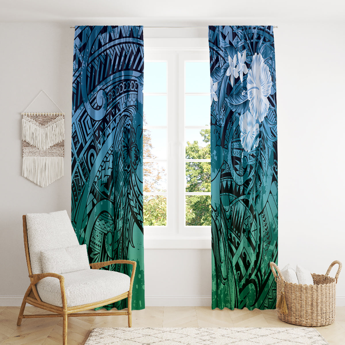 Pacific Beauty Girl Window Curtain Blue Polyneisan Tribal Vintage Motif LT9 - Polynesian Pride