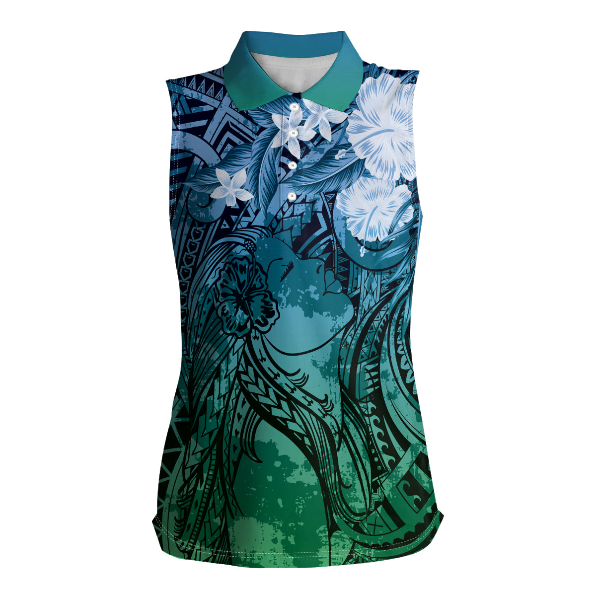 Pacific Beauty Girl Women Sleeveless Polo Shirt Blue Polyneisan Tribal Vintage Motif