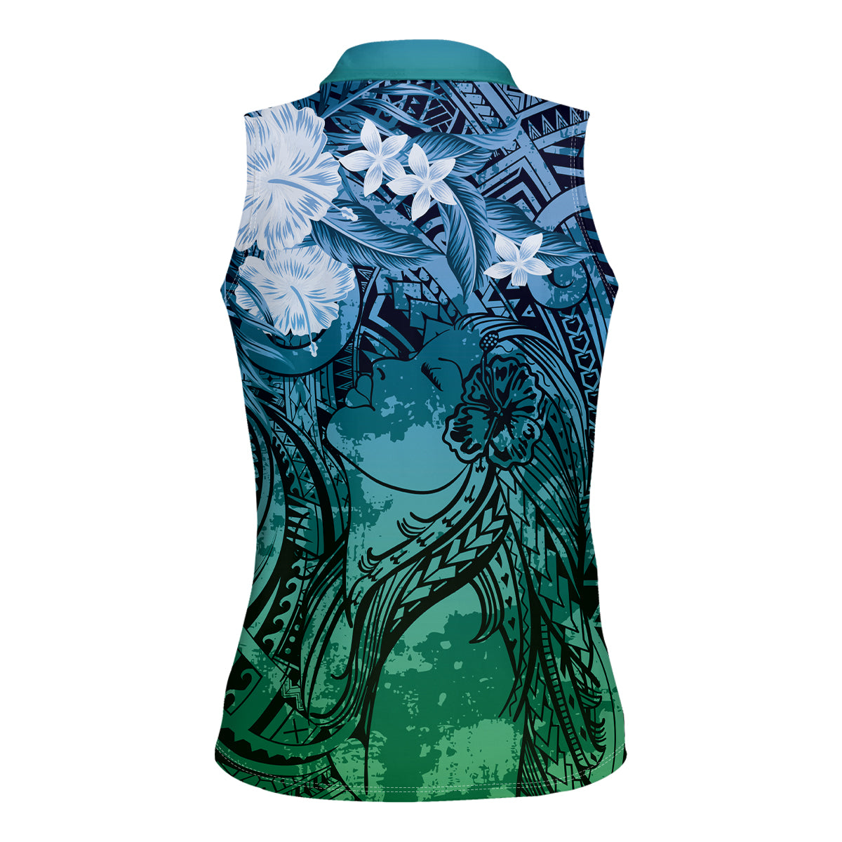 Pacific Beauty Girl Women Sleeveless Polo Shirt Blue Polyneisan Tribal Vintage Motif