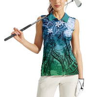 Pacific Beauty Girl Women Sleeveless Polo Shirt Blue Polyneisan Tribal Vintage Motif