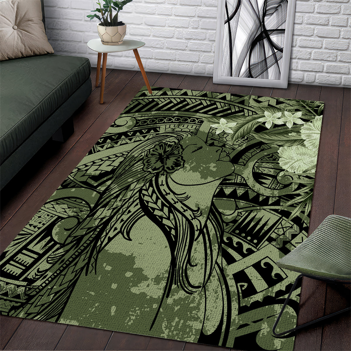 Pacific Beauty Girl Area Rug Green Polyneisan Tribal Vintage Motif LT9 Green - Polynesian Pride