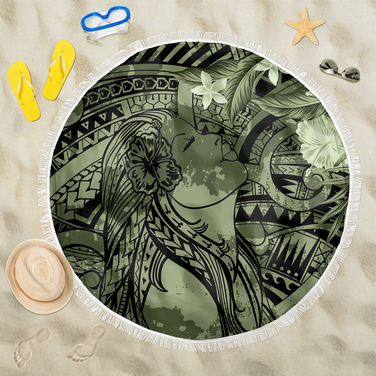Pacific Beauty Girl Beach Blanket Green Polyneisan Tribal Vintage Motif LT9 One Size 150cm Green - Polynesian Pride