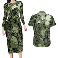Pacific Beauty Girl Couples Matching Long Sleeve Bodycon Dress and Hawaiian Shirt Green Polyneisan Tribal Vintage Motif LT9 Green - Polynesian Pride