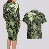 Pacific Beauty Girl Couples Matching Long Sleeve Bodycon Dress and Hawaiian Shirt Green Polyneisan Tribal Vintage Motif LT9 - Polynesian Pride