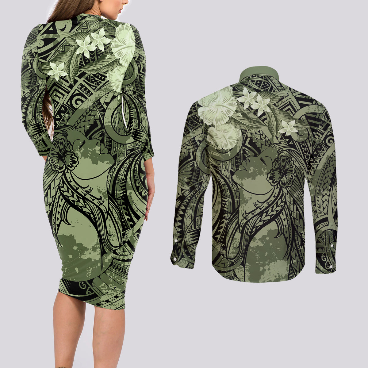 Pacific Beauty Girl Couples Matching Long Sleeve Bodycon Dress and Long Sleeve Button Shirt Green Polyneisan Tribal Vintage Motif LT9 - Polynesian Pride