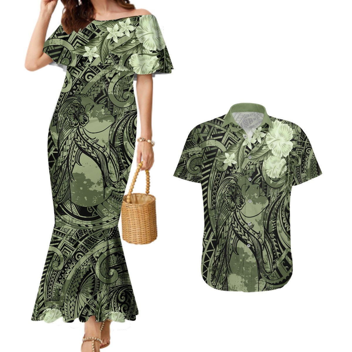 Pacific Beauty Girl Couples Matching Mermaid Dress and Hawaiian Shirt Green Polyneisan Tribal Vintage Motif LT9 Green - Polynesian Pride