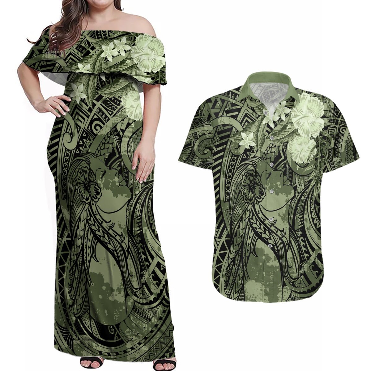 Pacific Beauty Girl Couples Matching Off Shoulder Maxi Dress and Hawaiian Shirt Green Polyneisan Tribal Vintage Motif LT9 Green - Polynesian Pride