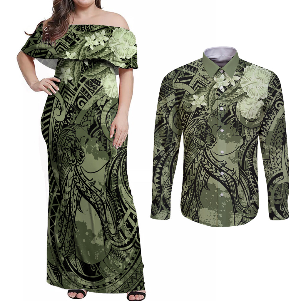 Pacific Beauty Girl Couples Matching Off Shoulder Maxi Dress and Long Sleeve Button Shirt Green Polyneisan Tribal Vintage Motif LT9 Green - Polynesian Pride