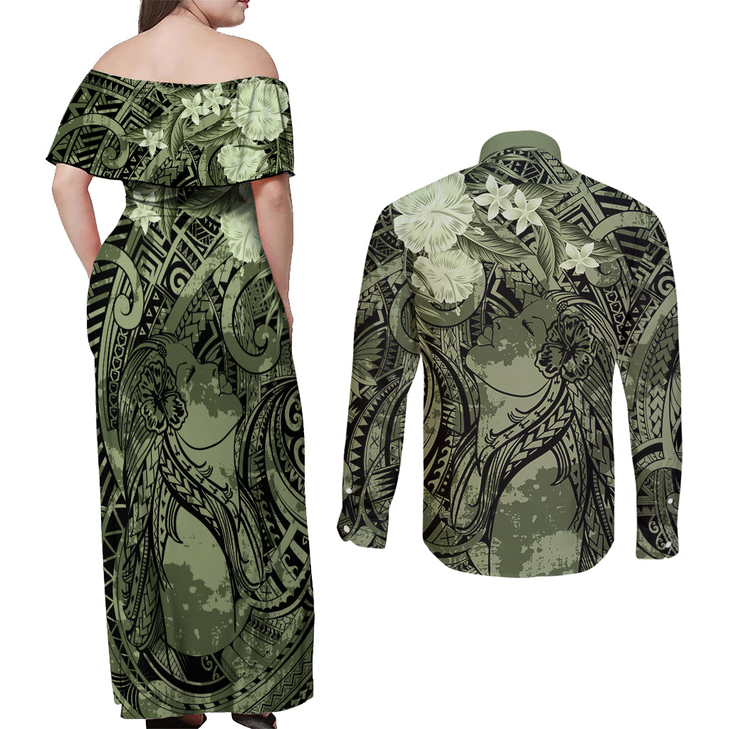 Pacific Beauty Girl Couples Matching Off Shoulder Maxi Dress and Long Sleeve Button Shirt Green Polyneisan Tribal Vintage Motif LT9 - Polynesian Pride