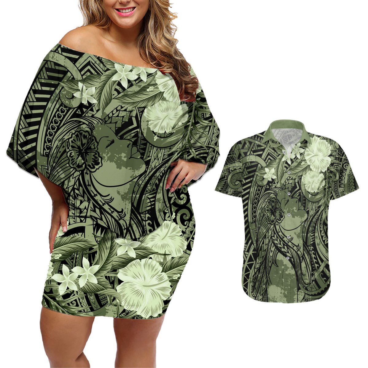 Pacific Beauty Girl Couples Matching Off Shoulder Short Dress and Hawaiian Shirt Green Polyneisan Tribal Vintage Motif LT9 Green - Polynesian Pride