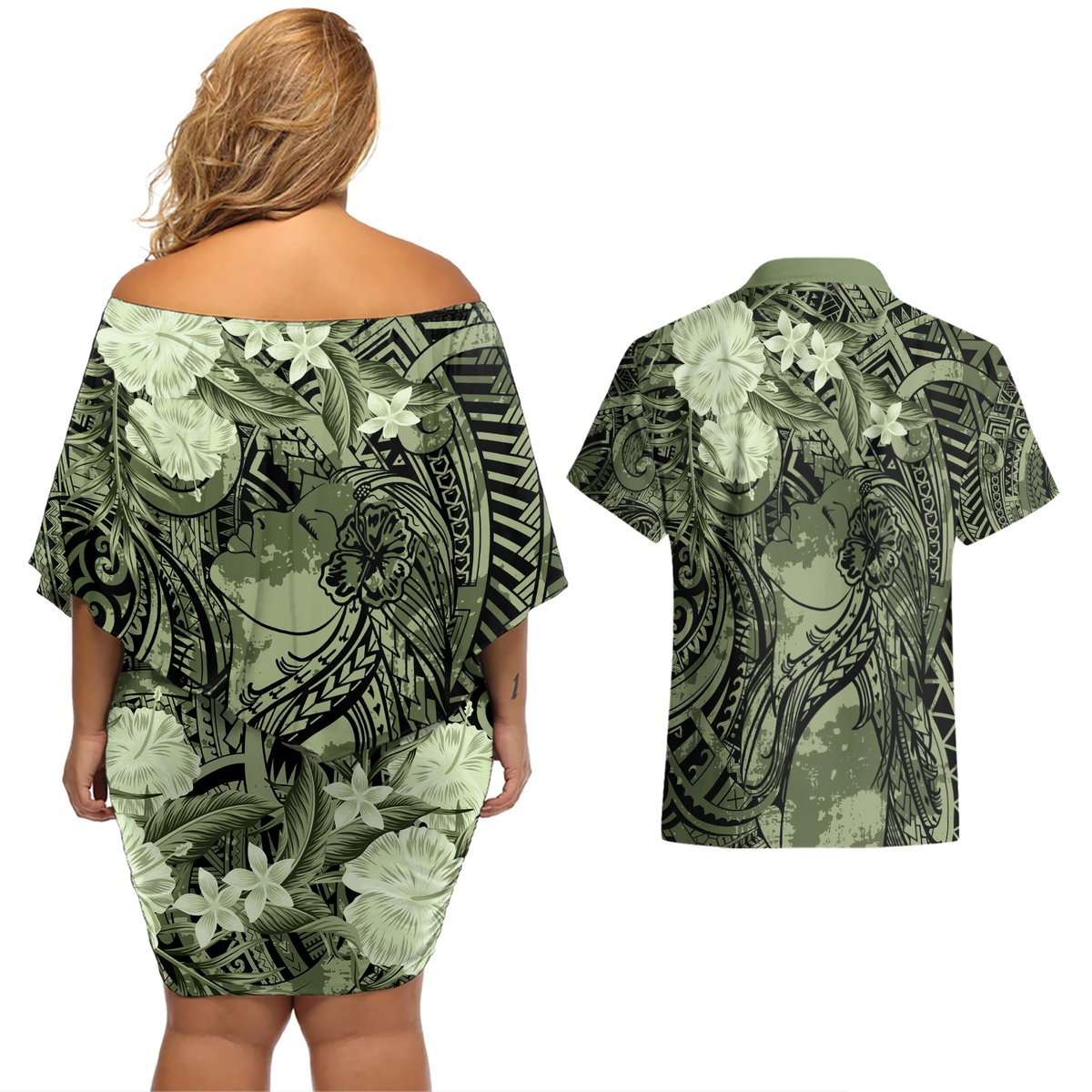 Pacific Beauty Girl Couples Matching Off Shoulder Short Dress and Hawaiian Shirt Green Polyneisan Tribal Vintage Motif LT9 - Polynesian Pride