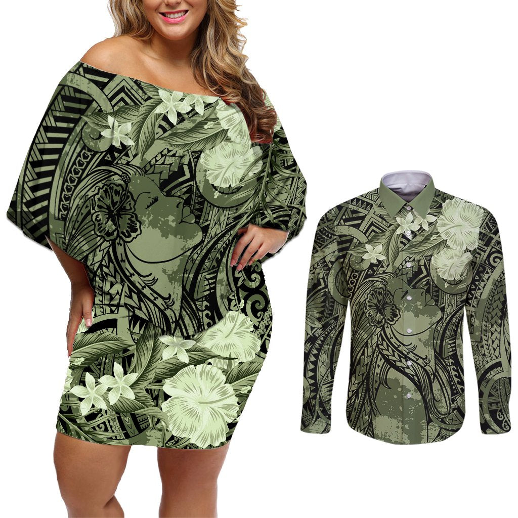 Pacific Beauty Girl Couples Matching Off Shoulder Short Dress and Long Sleeve Button Shirt Green Polyneisan Tribal Vintage Motif LT9 Green - Polynesian Pride
