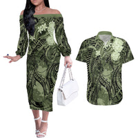 Pacific Beauty Girl Couples Matching Off The Shoulder Long Sleeve Dress and Hawaiian Shirt Green Polyneisan Tribal Vintage Motif LT9 Green - Polynesian Pride