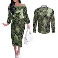 Pacific Beauty Girl Couples Matching Off The Shoulder Long Sleeve Dress and Long Sleeve Button Shirt Green Polyneisan Tribal Vintage Motif LT9 Green - Polynesian Pride