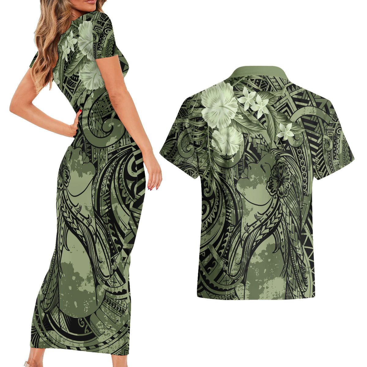 Pacific Beauty Girl Couples Matching Short Sleeve Bodycon Dress and Hawaiian Shirt Green Polyneisan Tribal Vintage Motif LT9 - Polynesian Pride