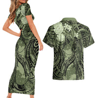 Pacific Beauty Girl Couples Matching Short Sleeve Bodycon Dress and Hawaiian Shirt Green Polyneisan Tribal Vintage Motif LT9 - Polynesian Pride