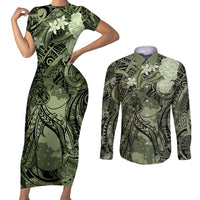 Pacific Beauty Girl Couples Matching Short Sleeve Bodycon Dress and Long Sleeve Button Shirt Green Polyneisan Tribal Vintage Motif LT9 Green - Polynesian Pride