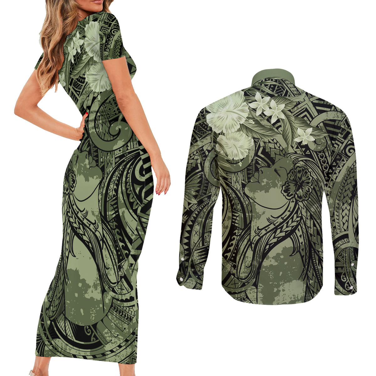 Pacific Beauty Girl Couples Matching Short Sleeve Bodycon Dress and Long Sleeve Button Shirt Green Polyneisan Tribal Vintage Motif LT9 - Polynesian Pride